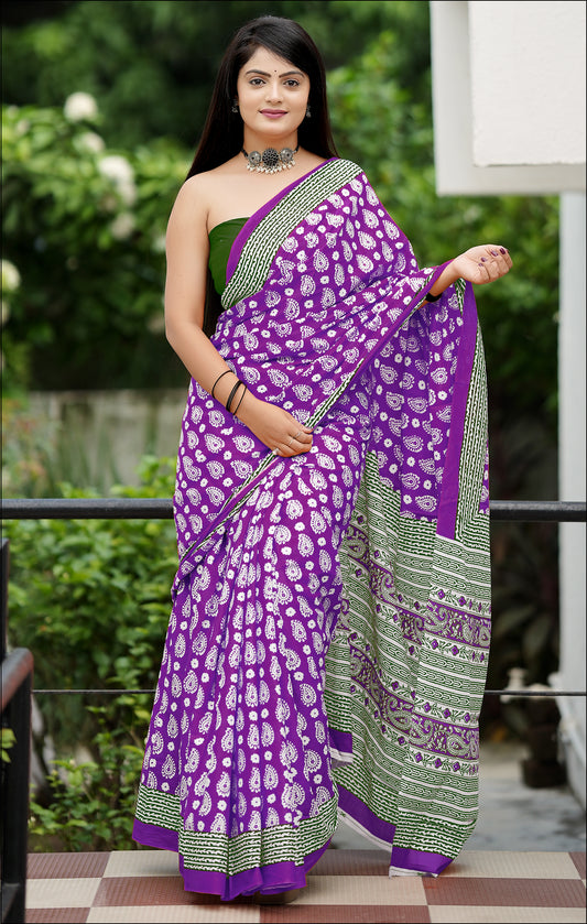 Purple Cotton Mul Printed Saree