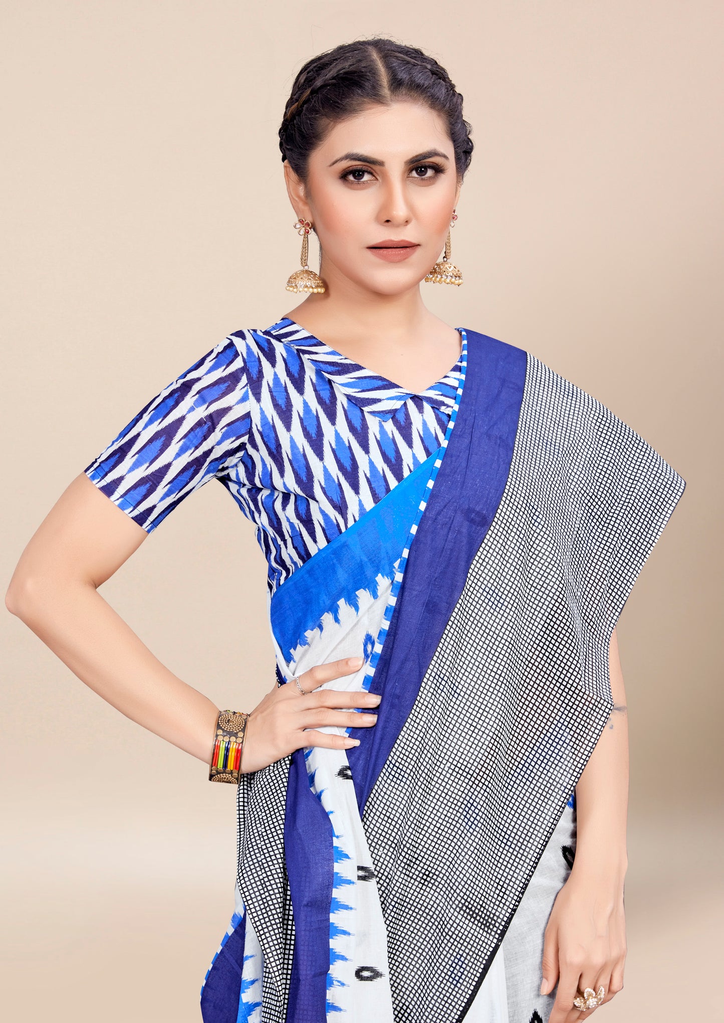 Tri-Color Cotton Mul Printed Saree