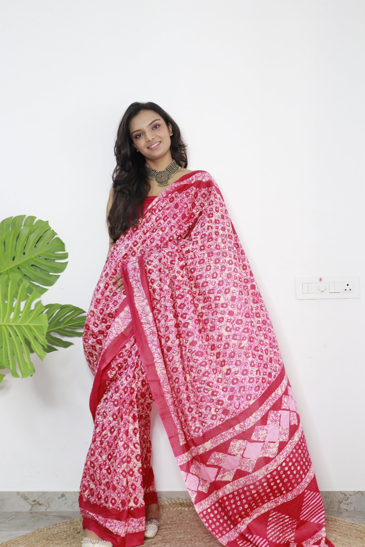 Cherry Pink Cotton Printed Saree