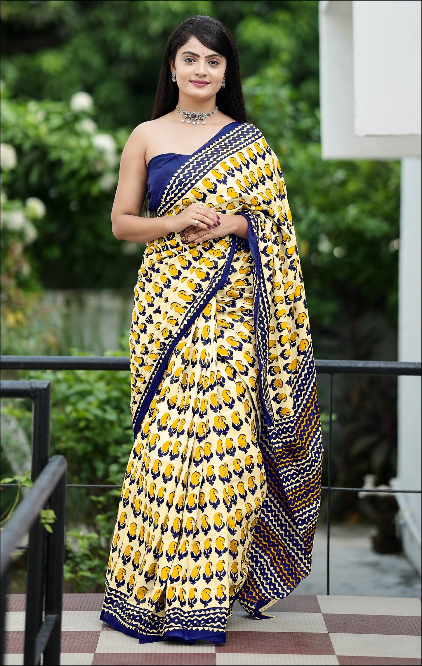 Yellow-Blue Cotton Mul Printed Saree