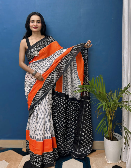 Tri-Color Cotton Mul Printed Saree