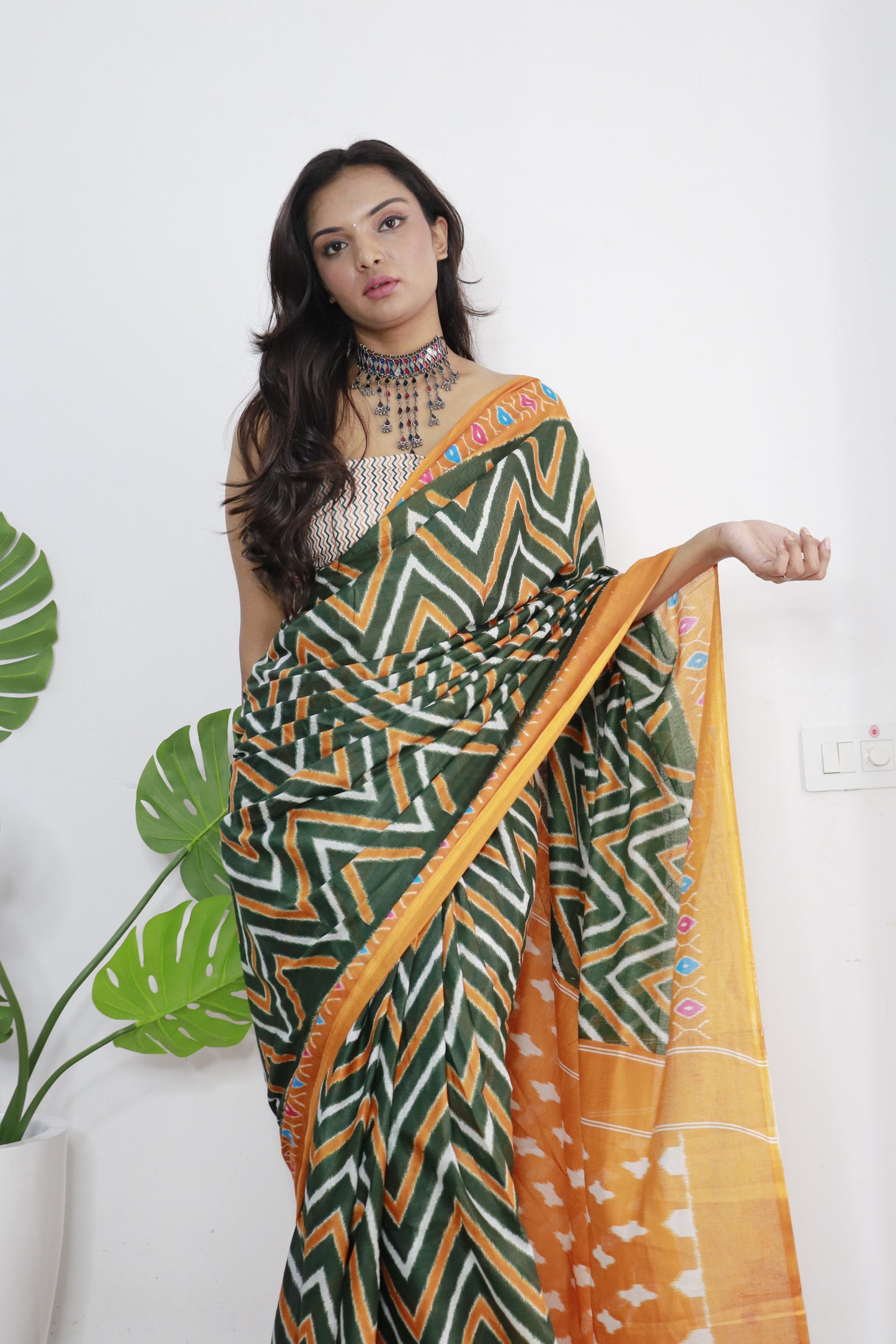 Green-Yellow Cotton Printed Saree