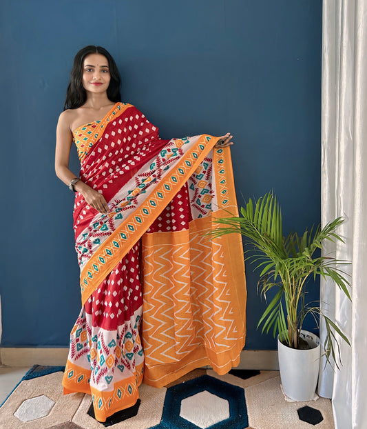 Orange-Red Cotton Mul Printed Saree