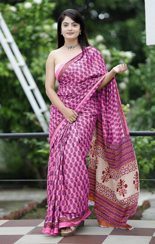 Pink Cotton Mul Printed Saree