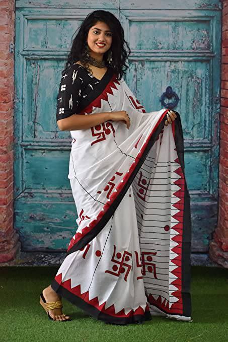 Designer White Cotton Mul Printed Saree