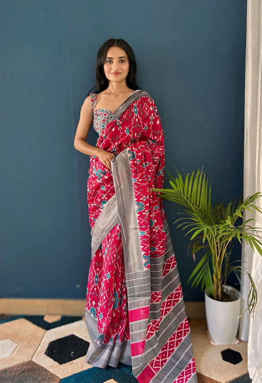 Pink-Grey Cotton Mul Printed Saree