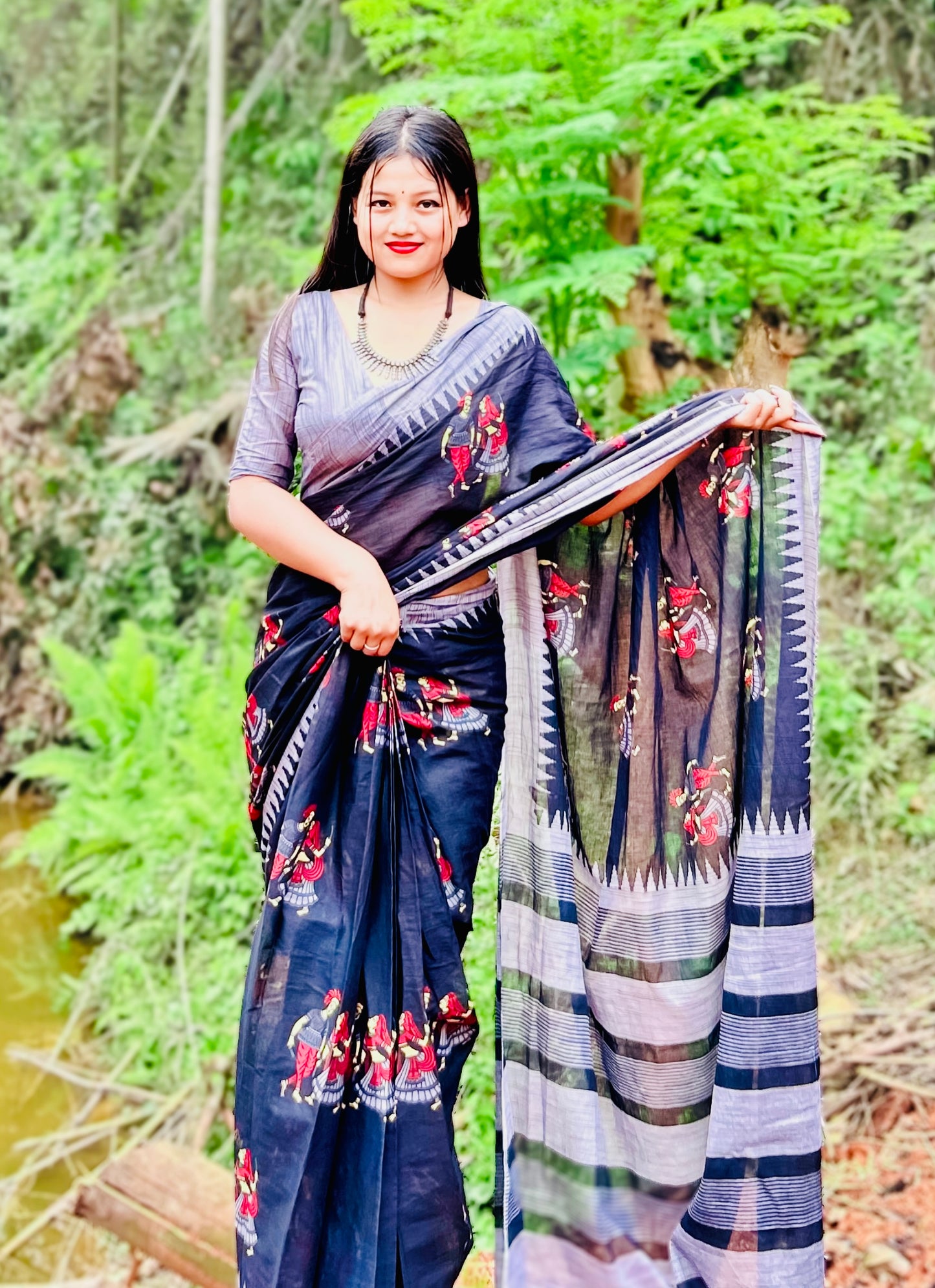 Blue Cotton Mul Printed Saree