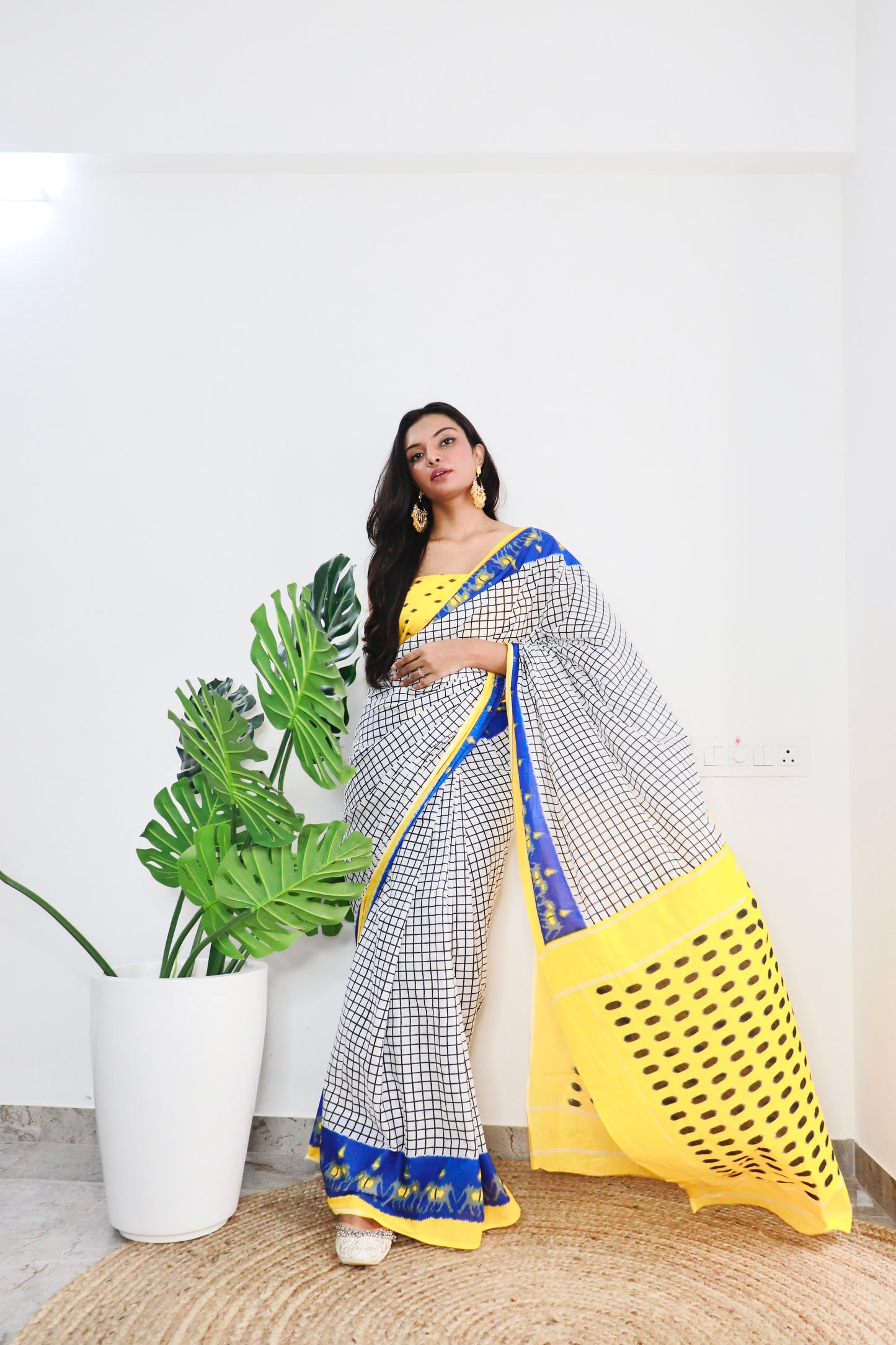 Yellow-White Cotton Printed Saree