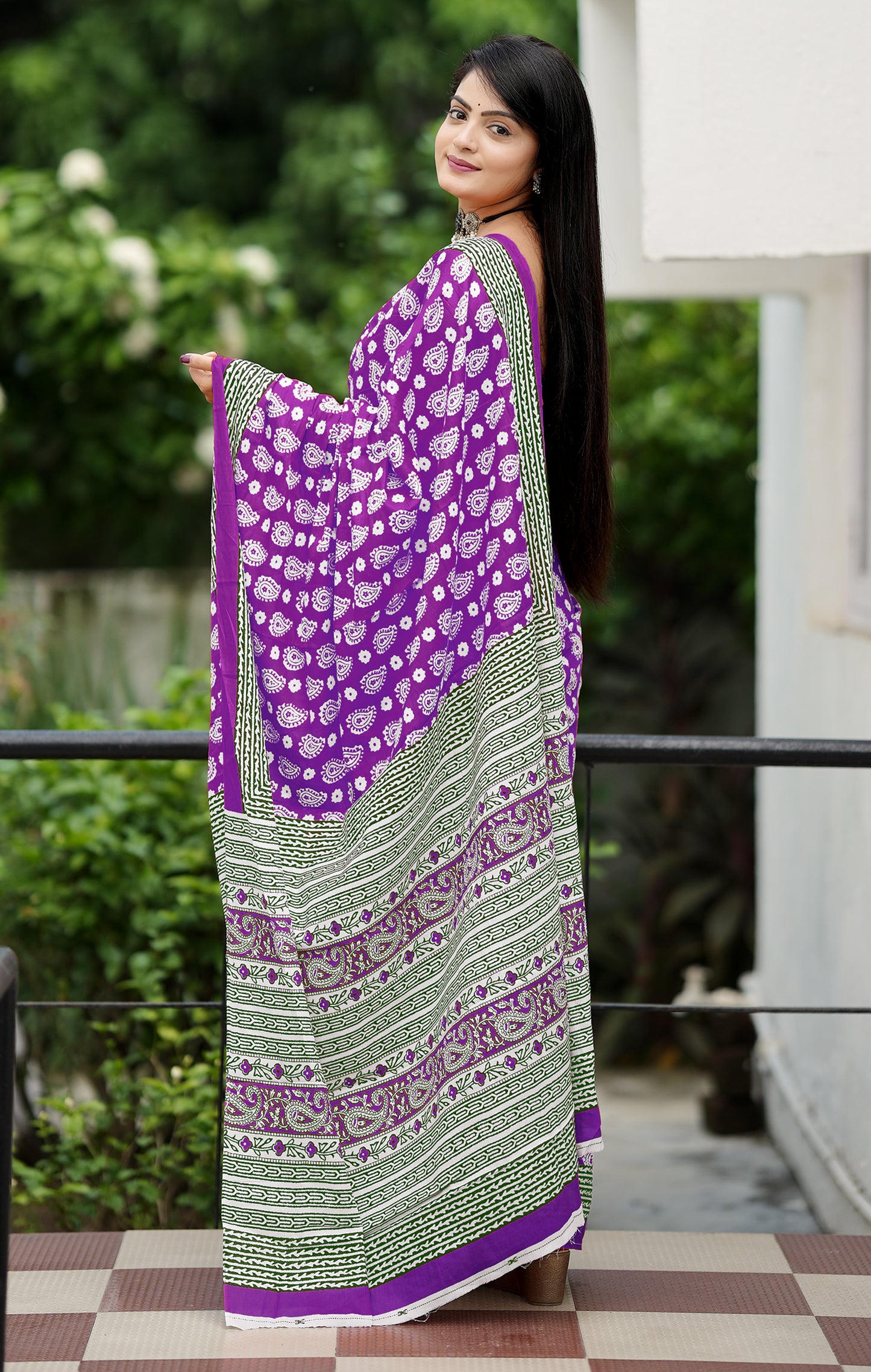 Purple Cotton Mul Printed Saree