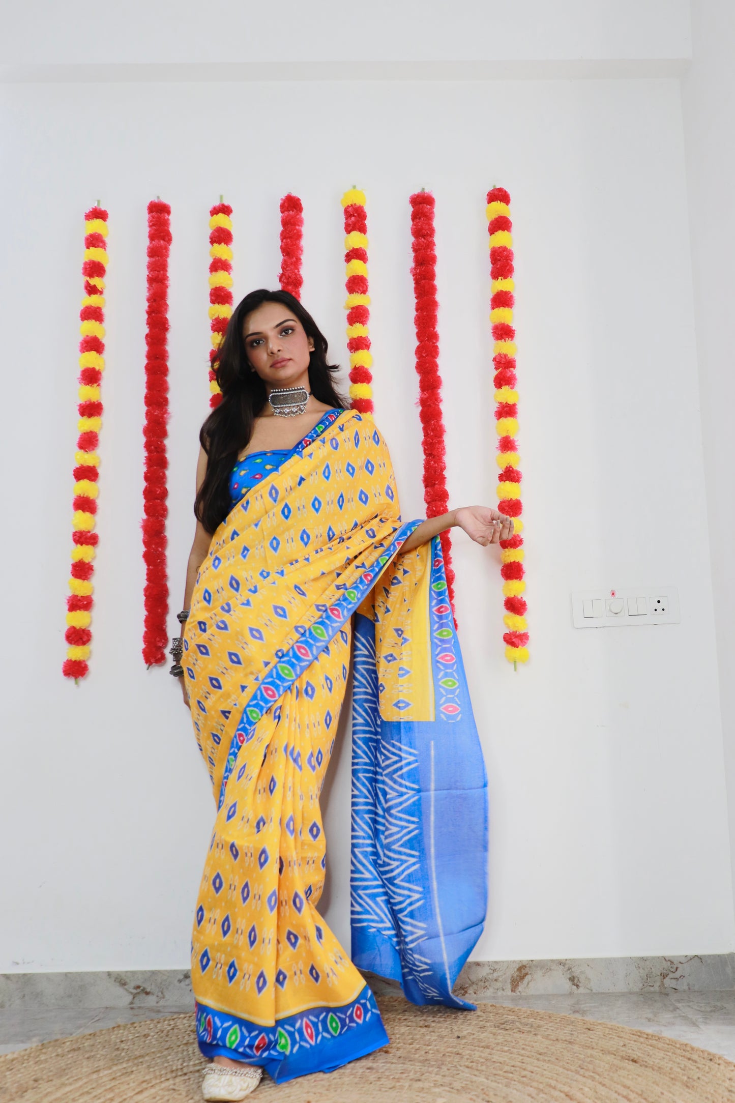 Yellow-Sky Cotton Mul Printed Saree