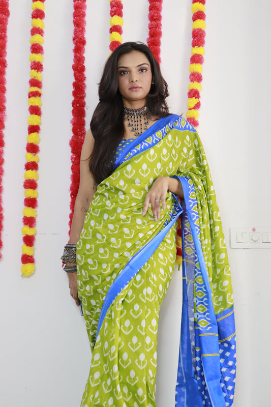 Green Block Printed Cotton Mul Saree