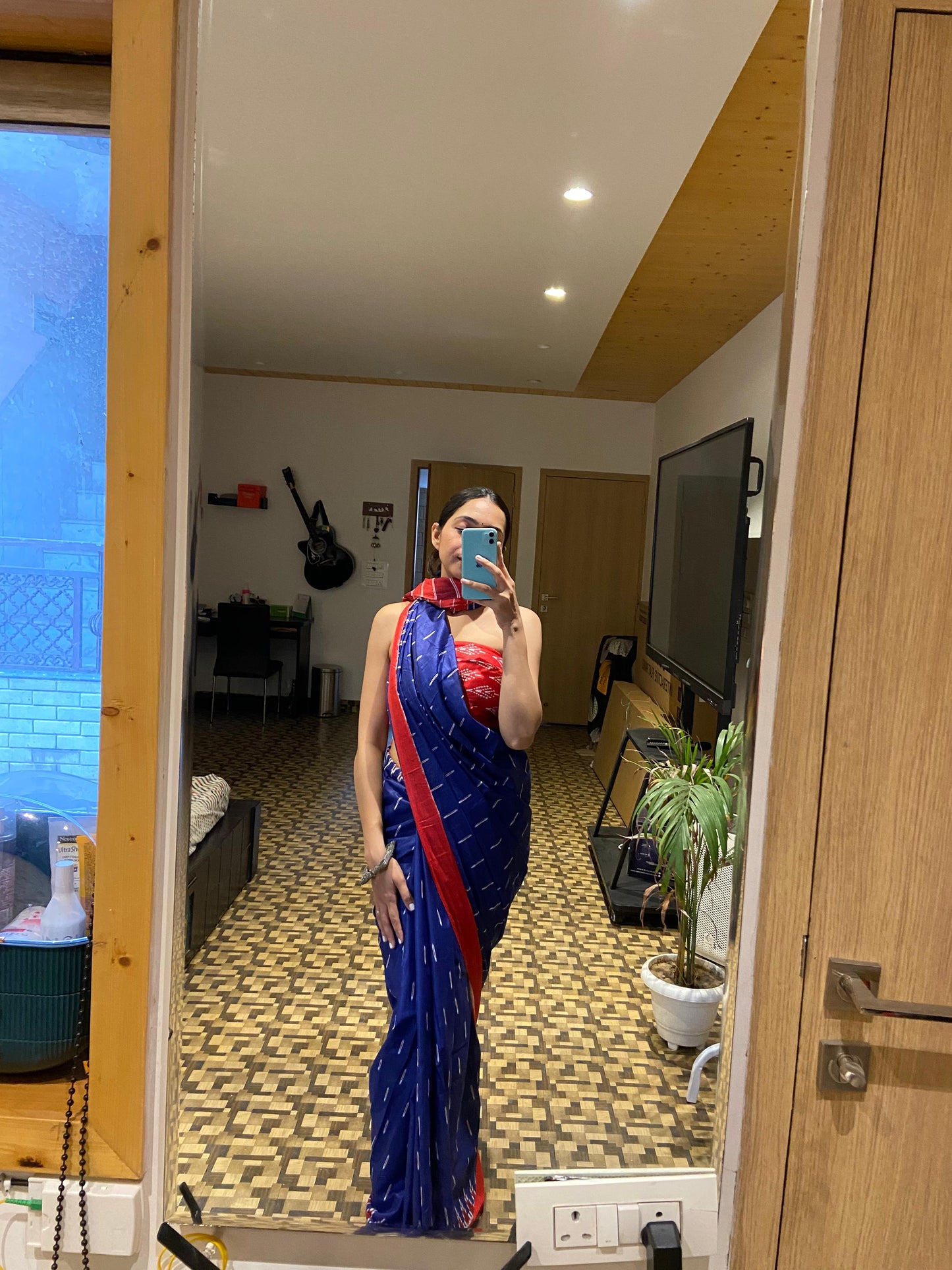 Blue-Red Cotton Printed Saree