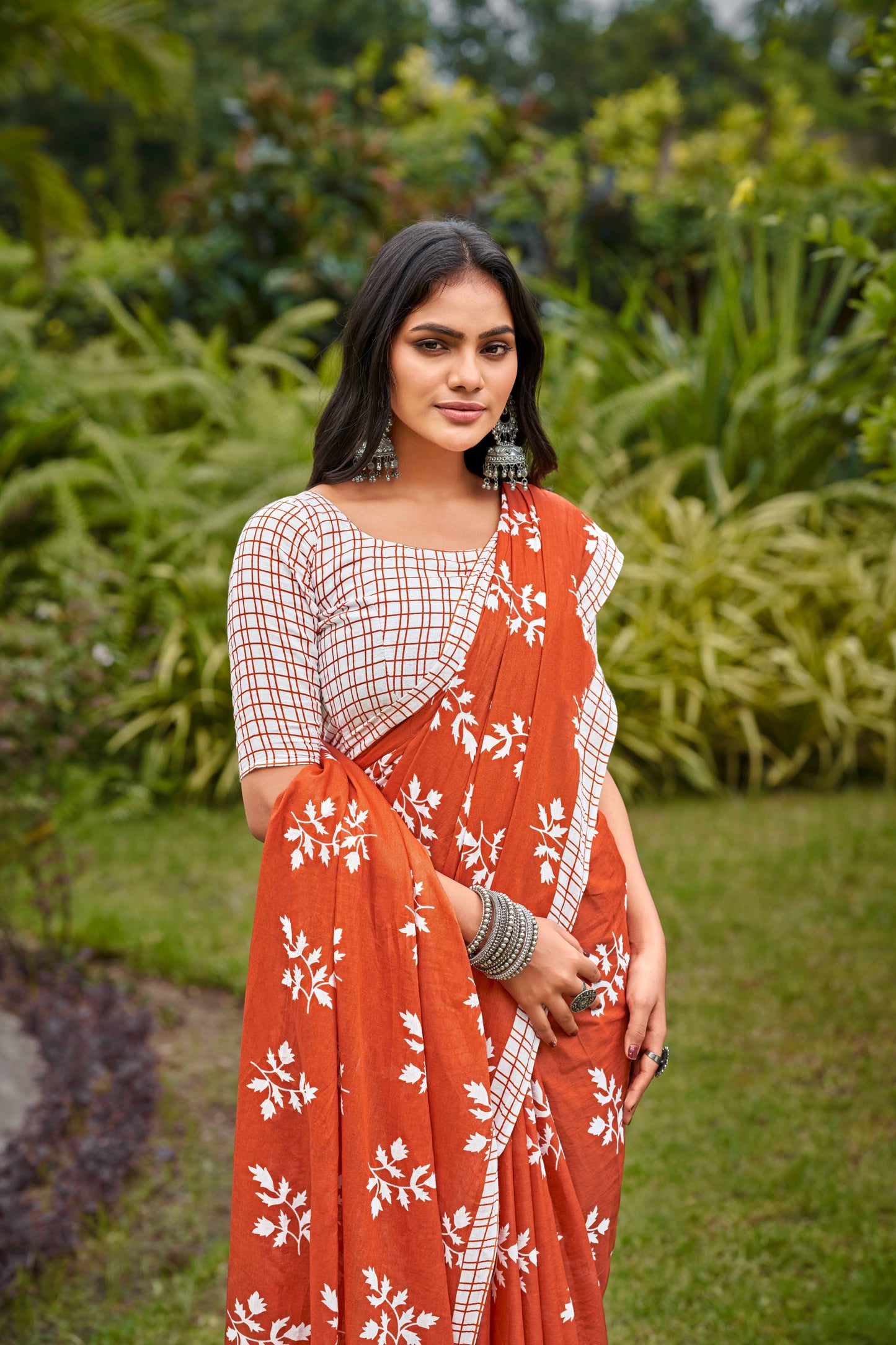 Orange Cotton Mul Printed Saree