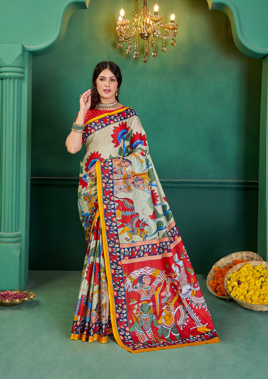 Multicolor Cotton Mul Printed Saree