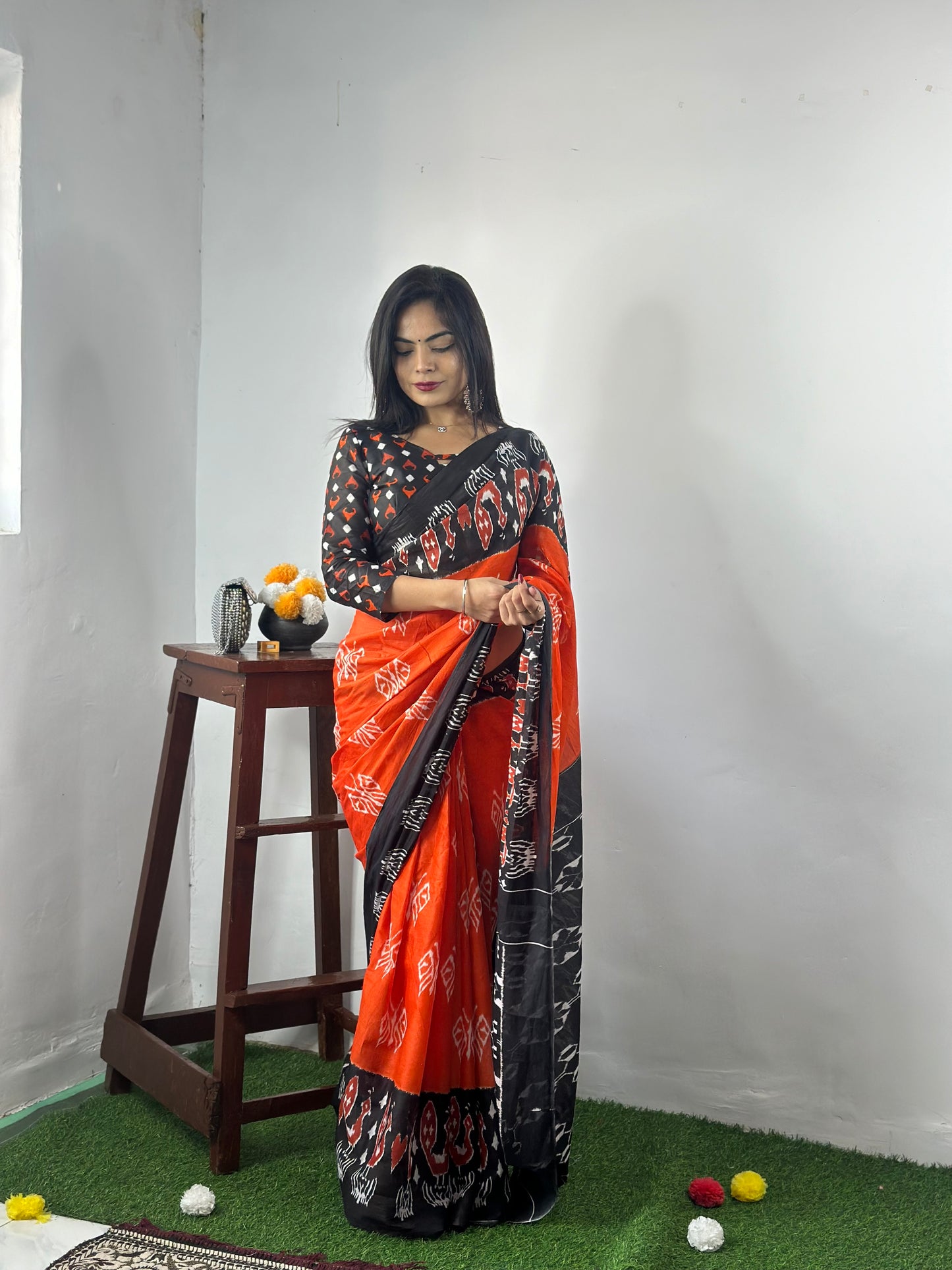 Black-Orange Cotton Mul Printed Saree