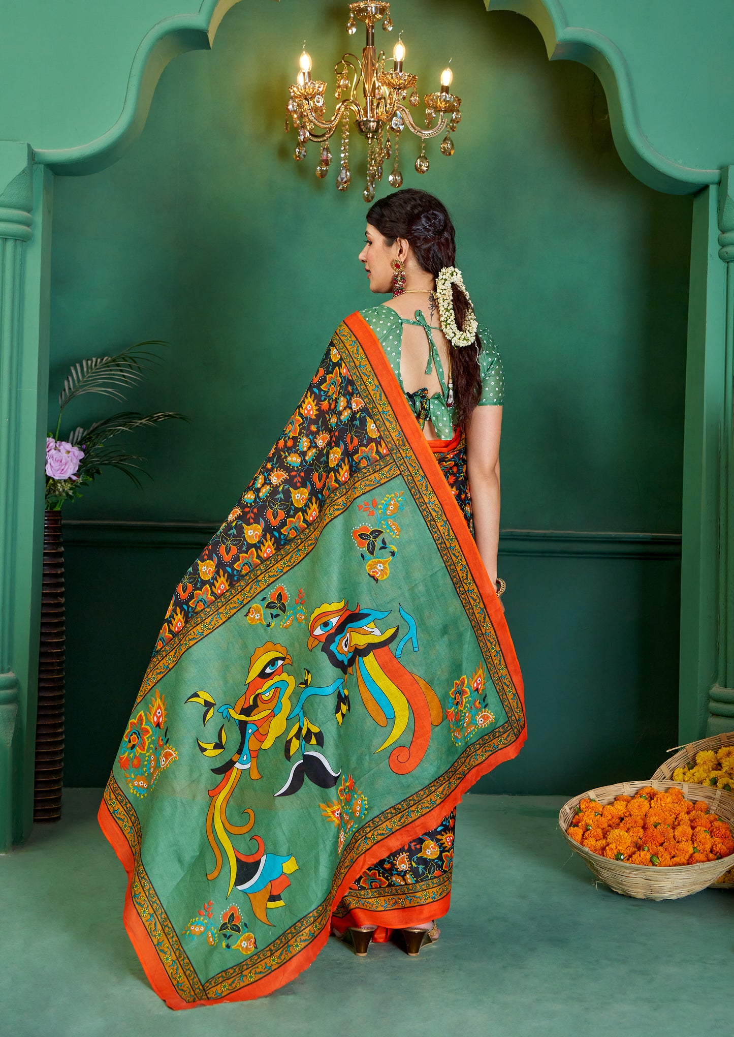 Black-Green Cotton Mul Printed Saree