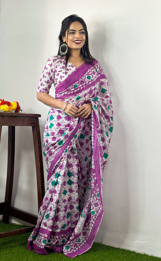 White-Purple Cotton Mul Printed Saree