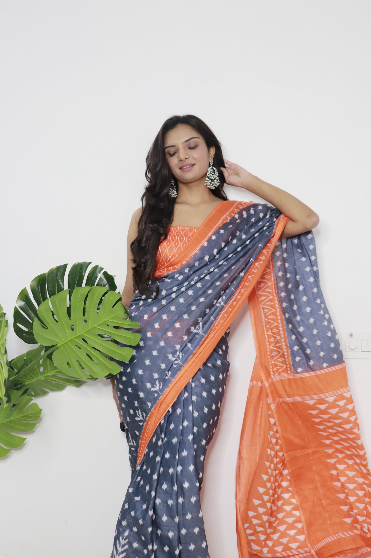 Orange-Grey Cotton Printed Saree