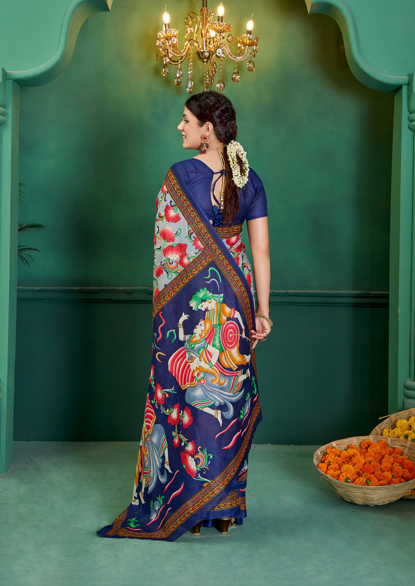 Blue Cotton Mul Printed Saree