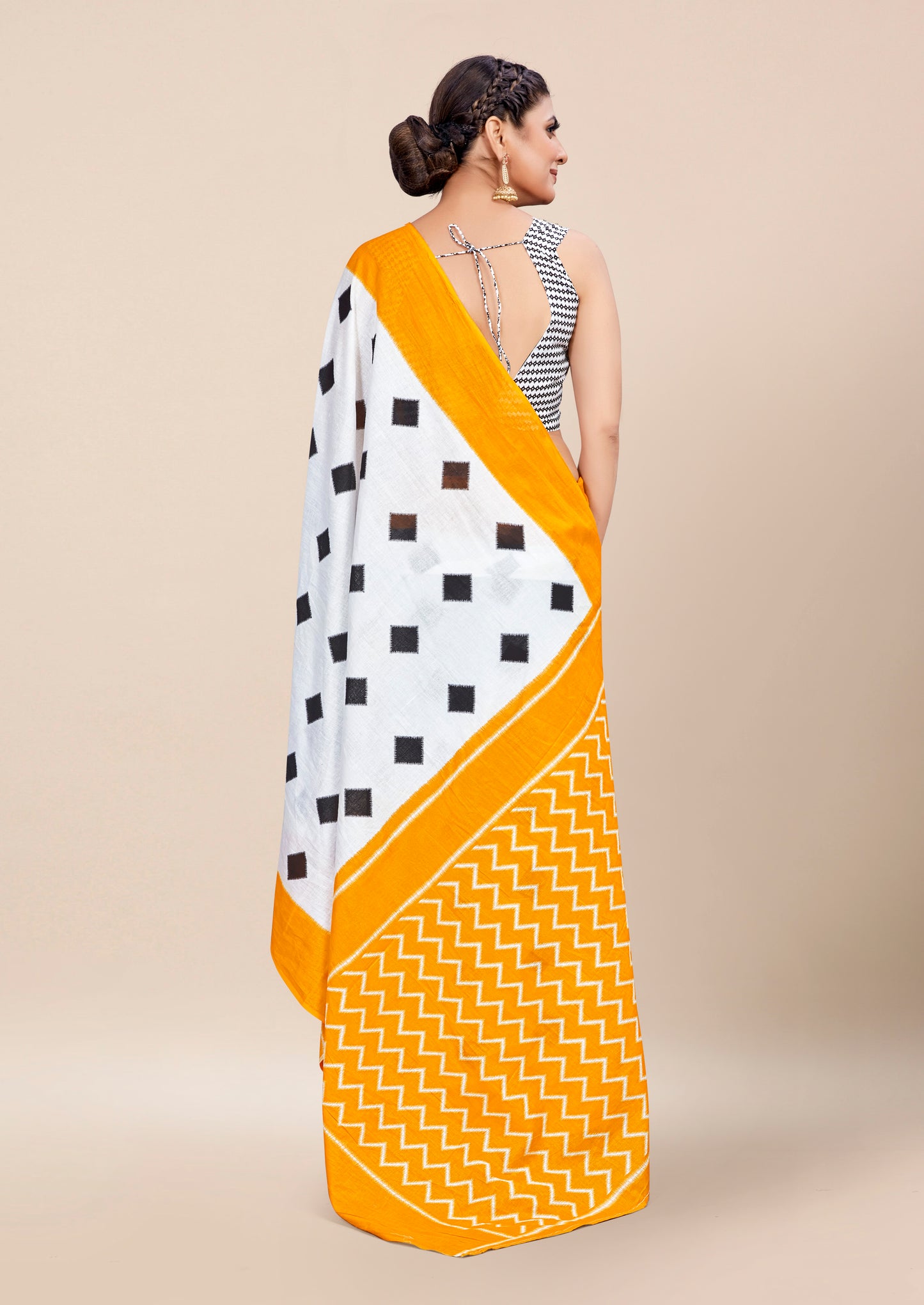 Mustard-White Cotton Mul Printed Saree