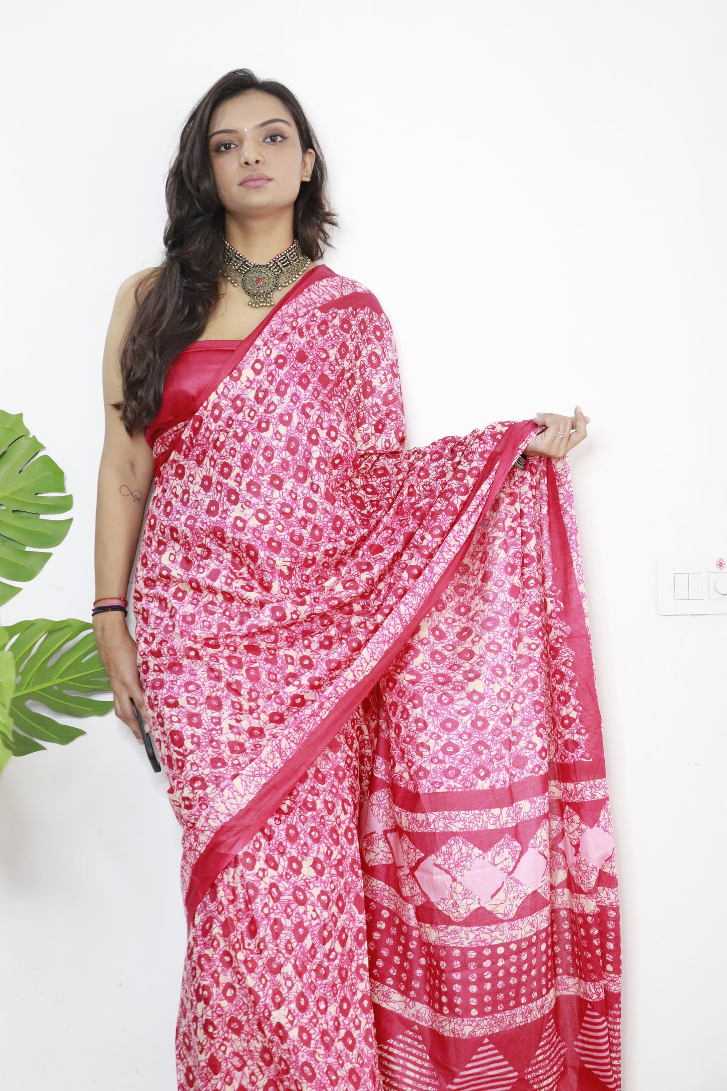 Cherry Pink Cotton Printed Saree