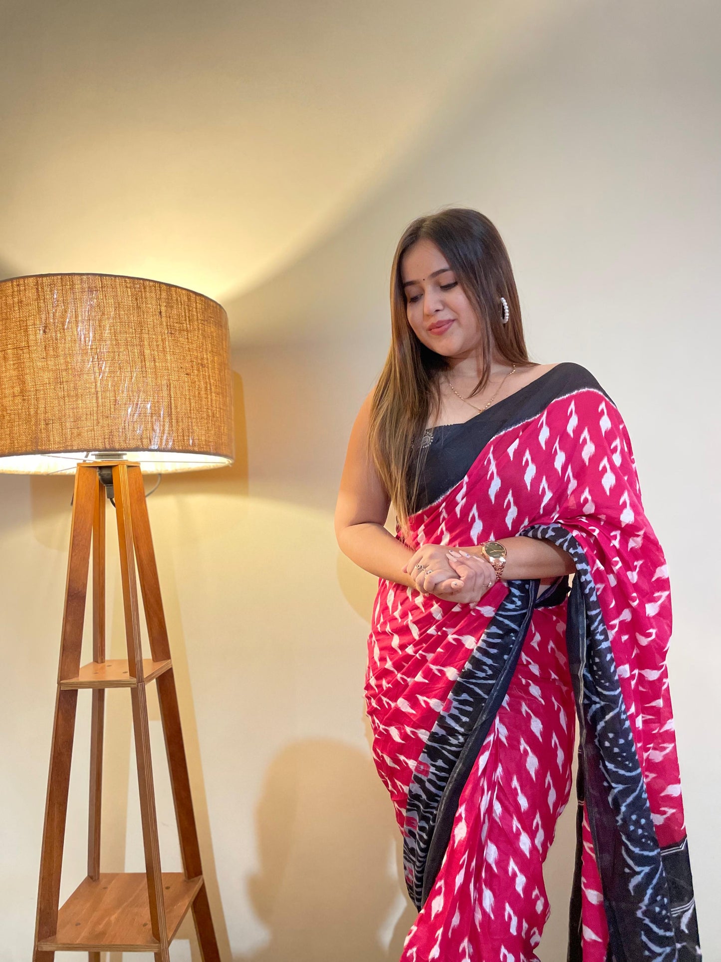 Pink-Black Cotton Mul Printed Saree