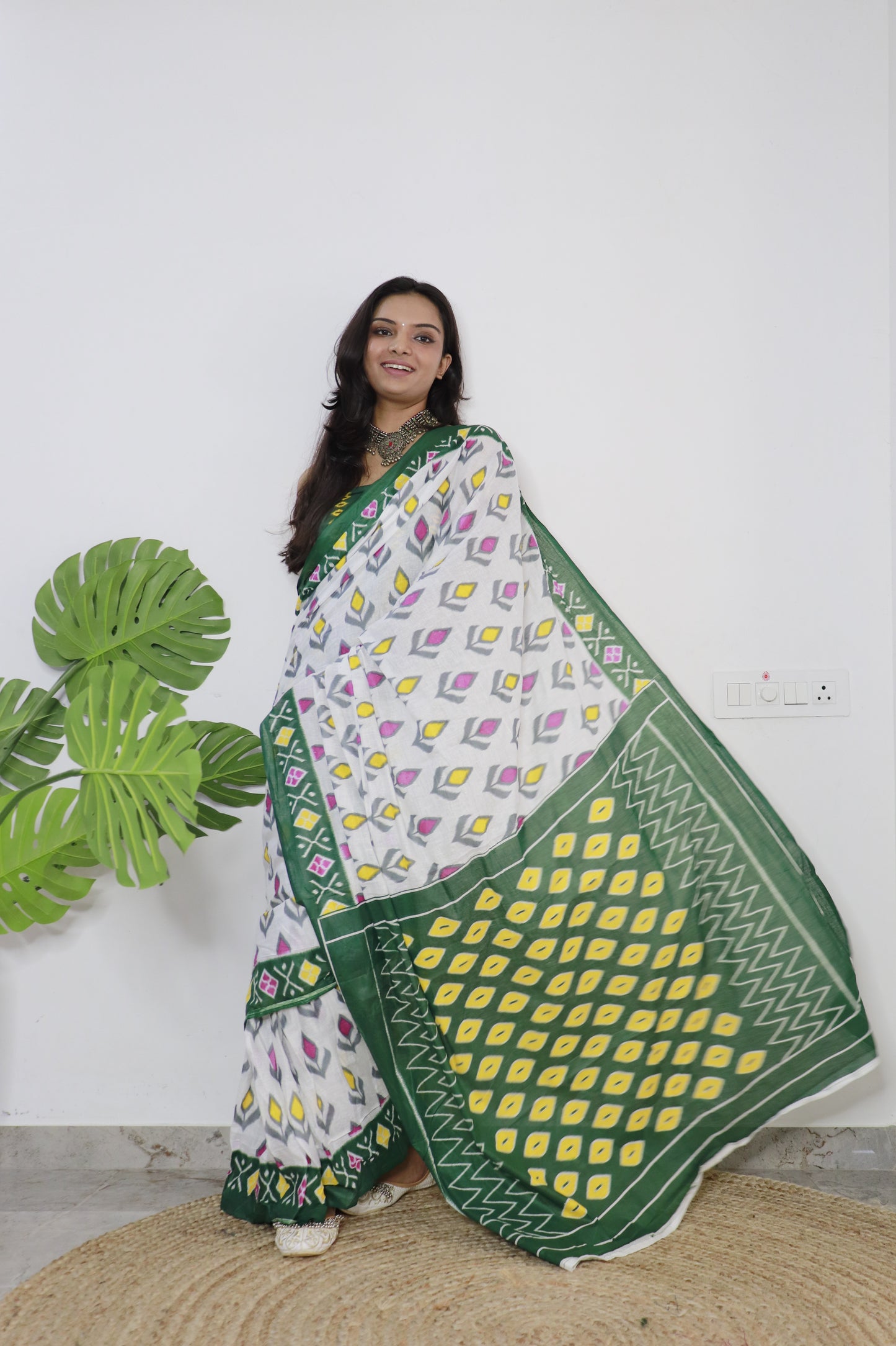 White-Green Cotton Printed Saree