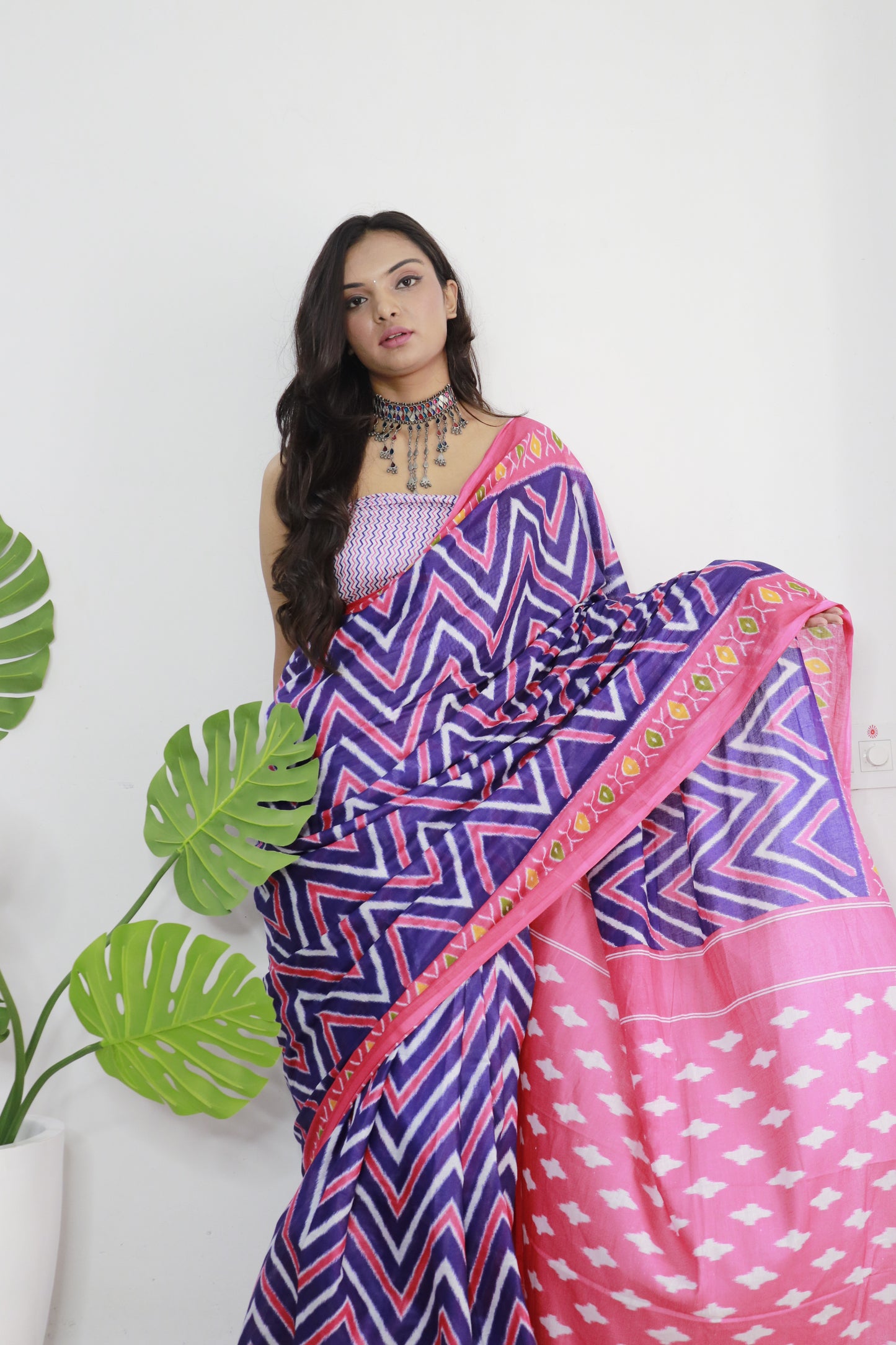 Blue-Pink Cotton Printed Saree