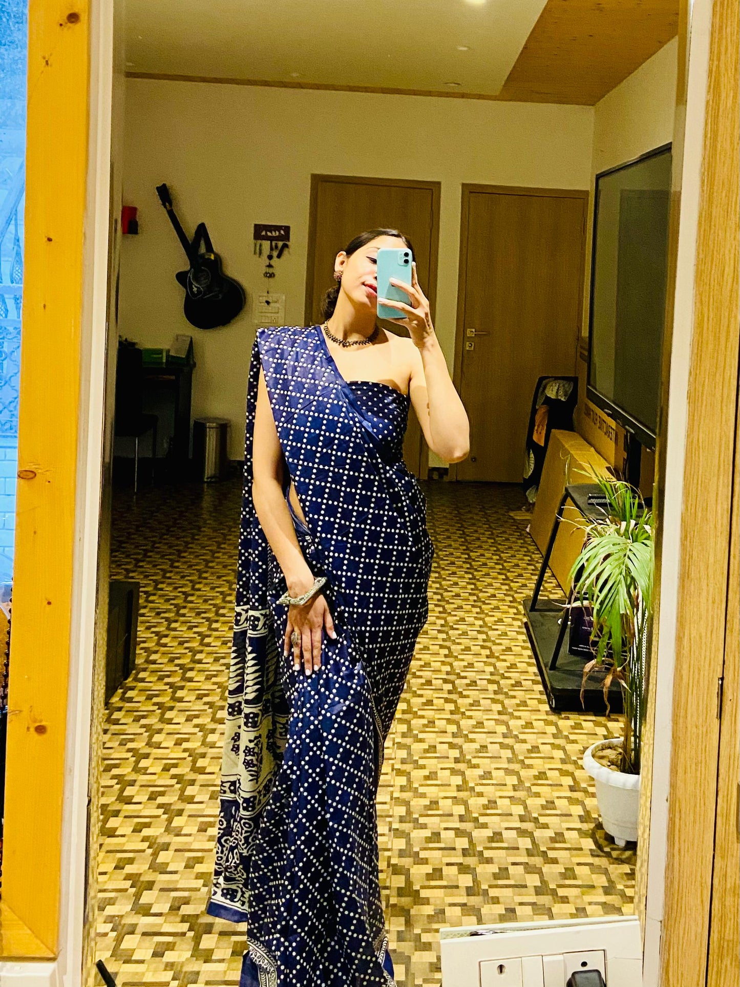 Blue Cotton Printed Saree