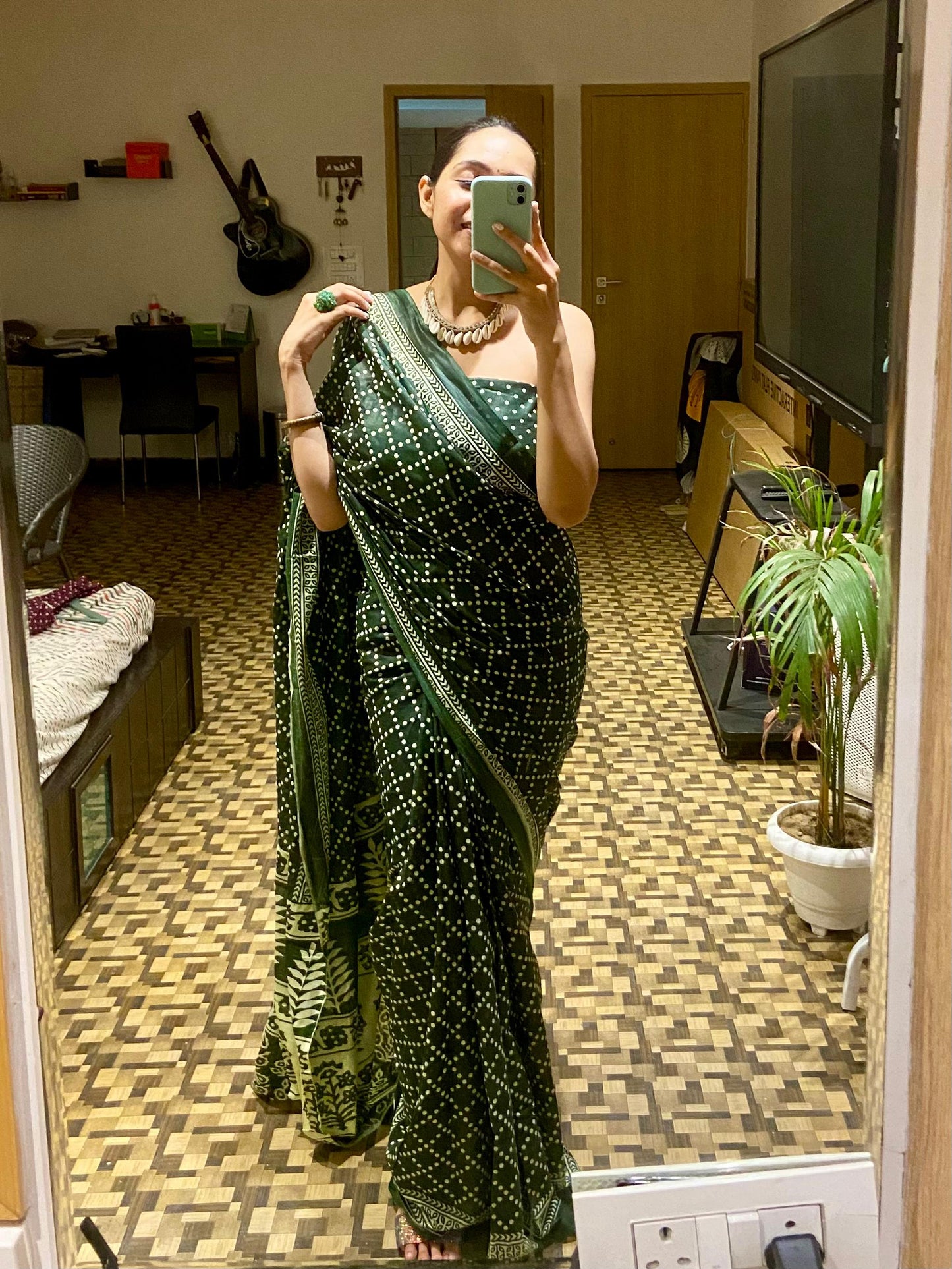 Green Cotton Printed Saree