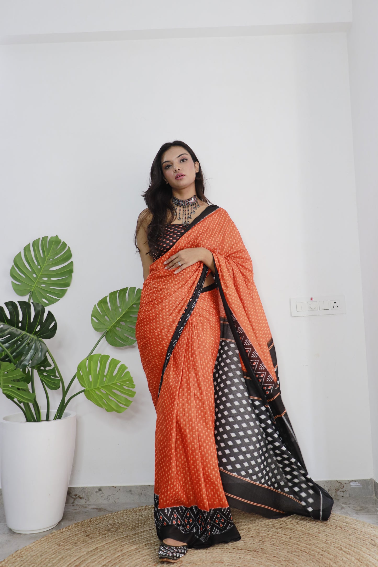 Orange-Black Cotton Printed Saree