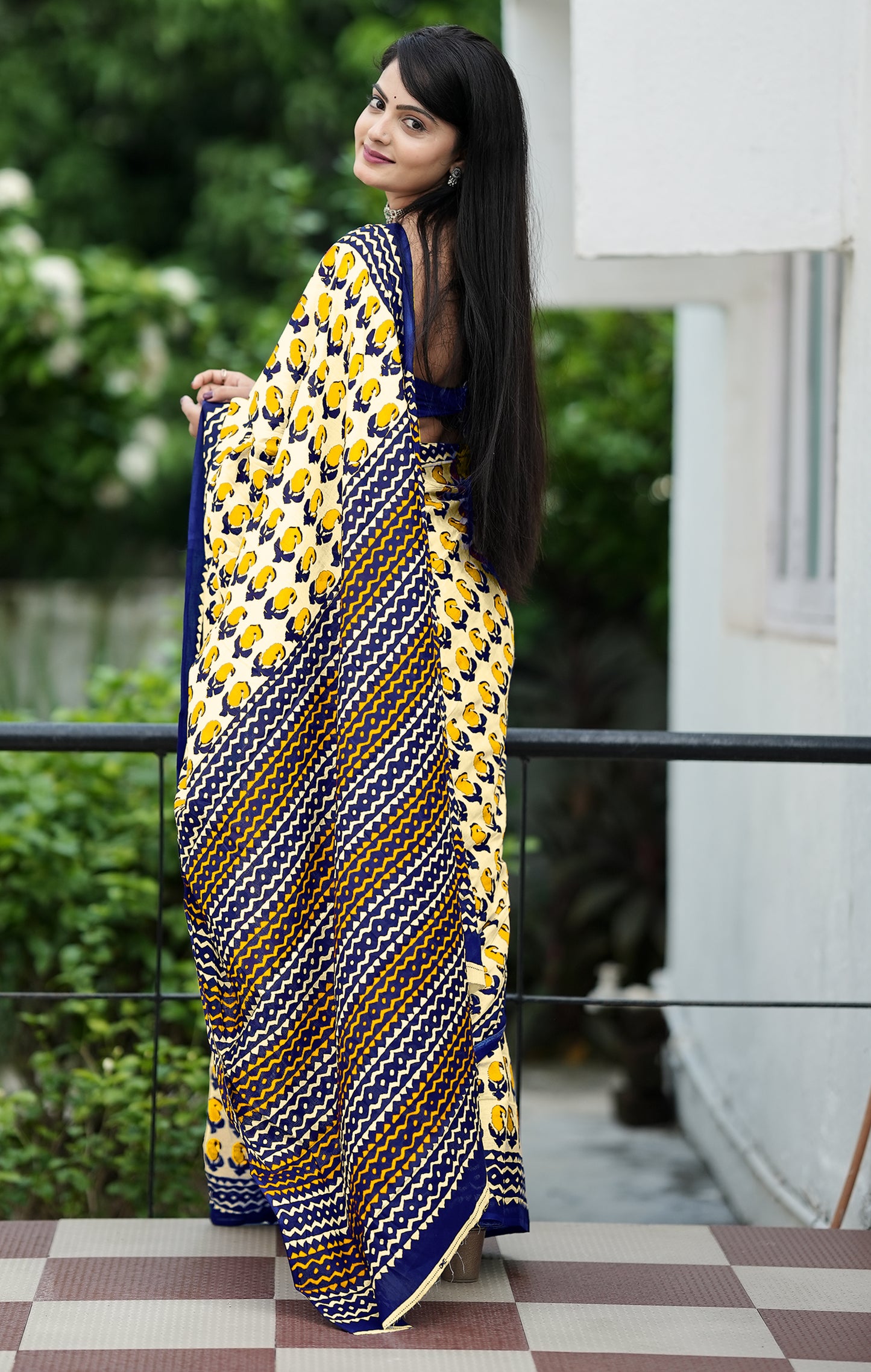 Yellow-Blue Cotton Mul Printed Saree