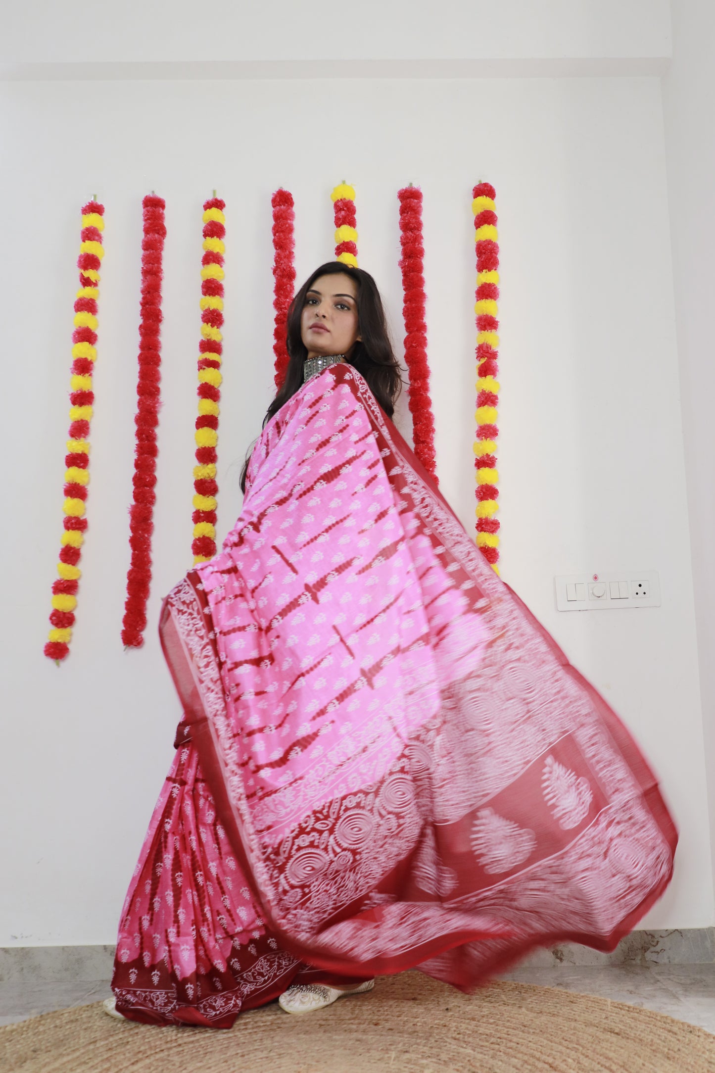 Pink Cotton Mul Printed Saree