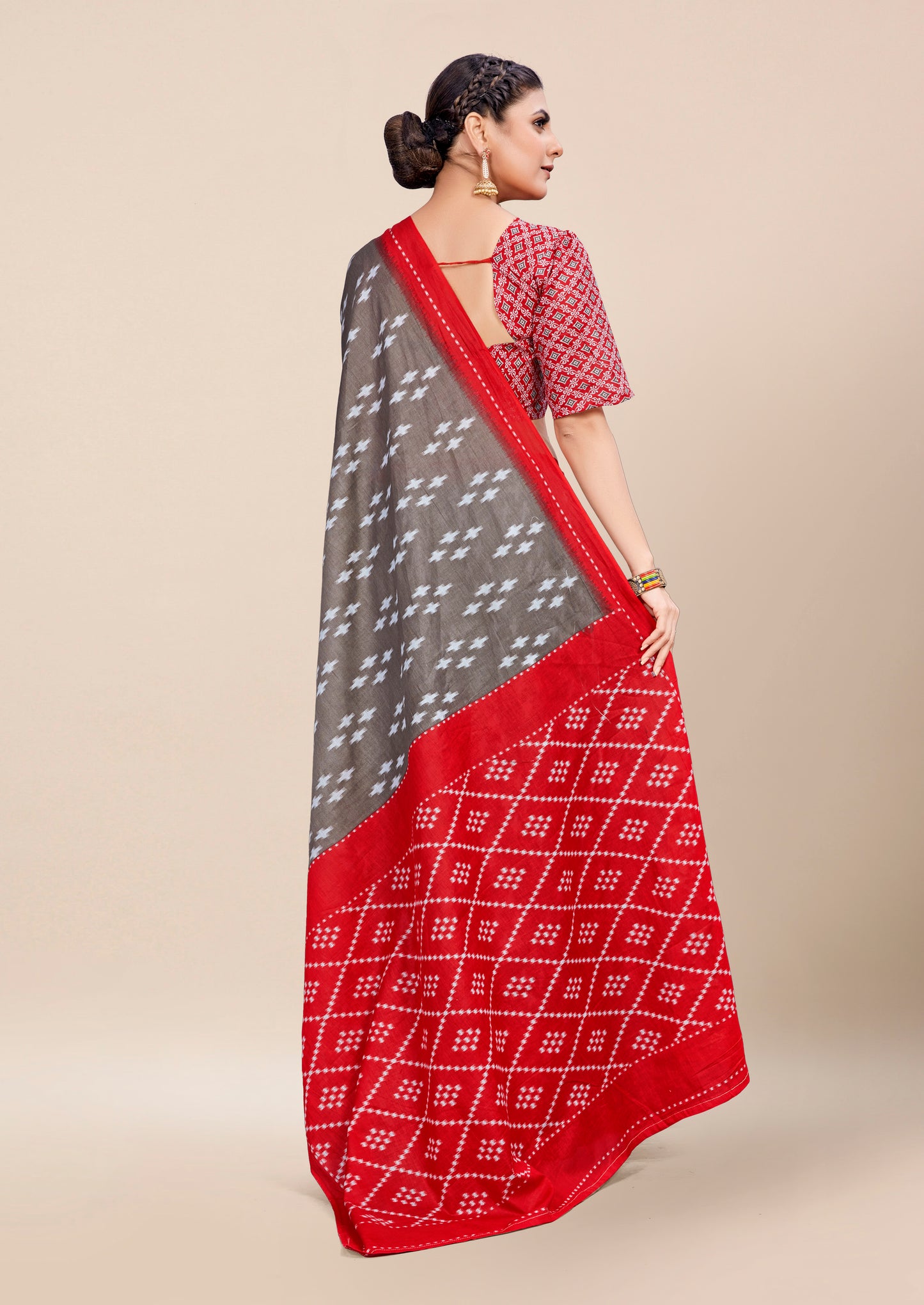 Red-Grey Cotton Mul Printed Saree