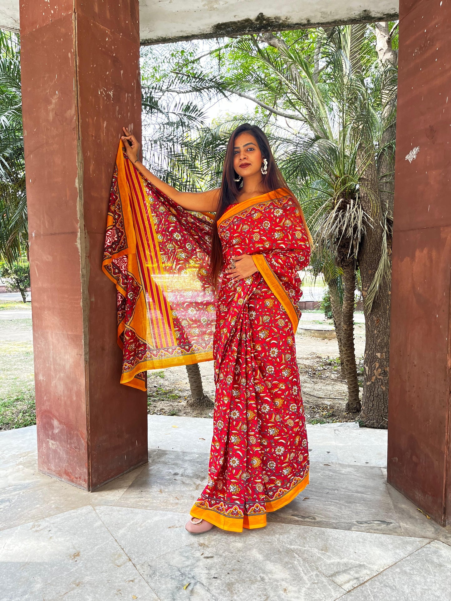 Red Cotton Mul Printed Saree