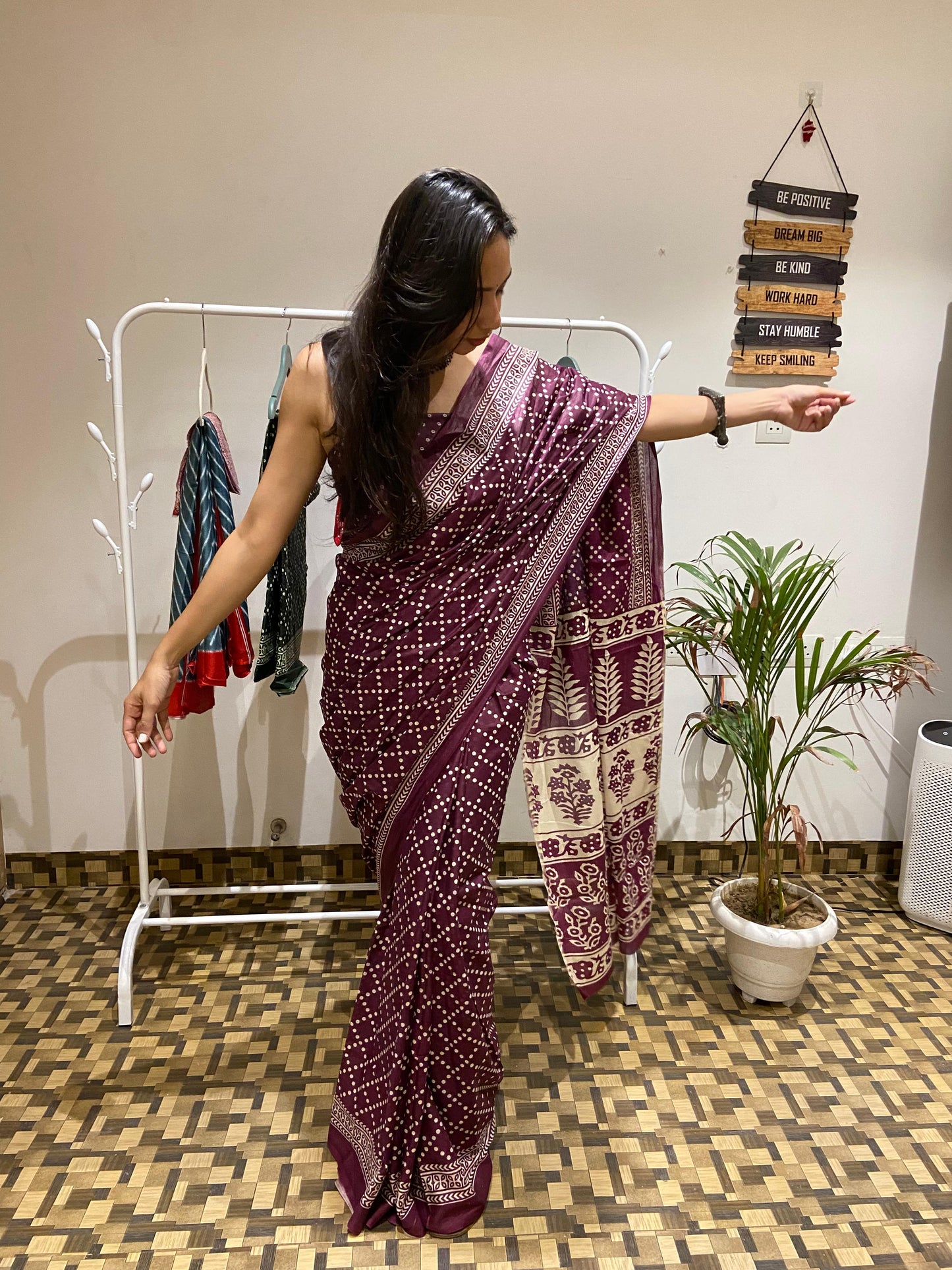 Wine Cotton Printed Saree