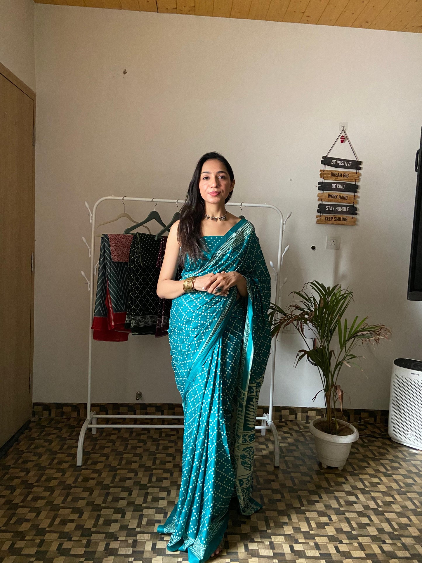 Teal Blue Cotton Printed Saree