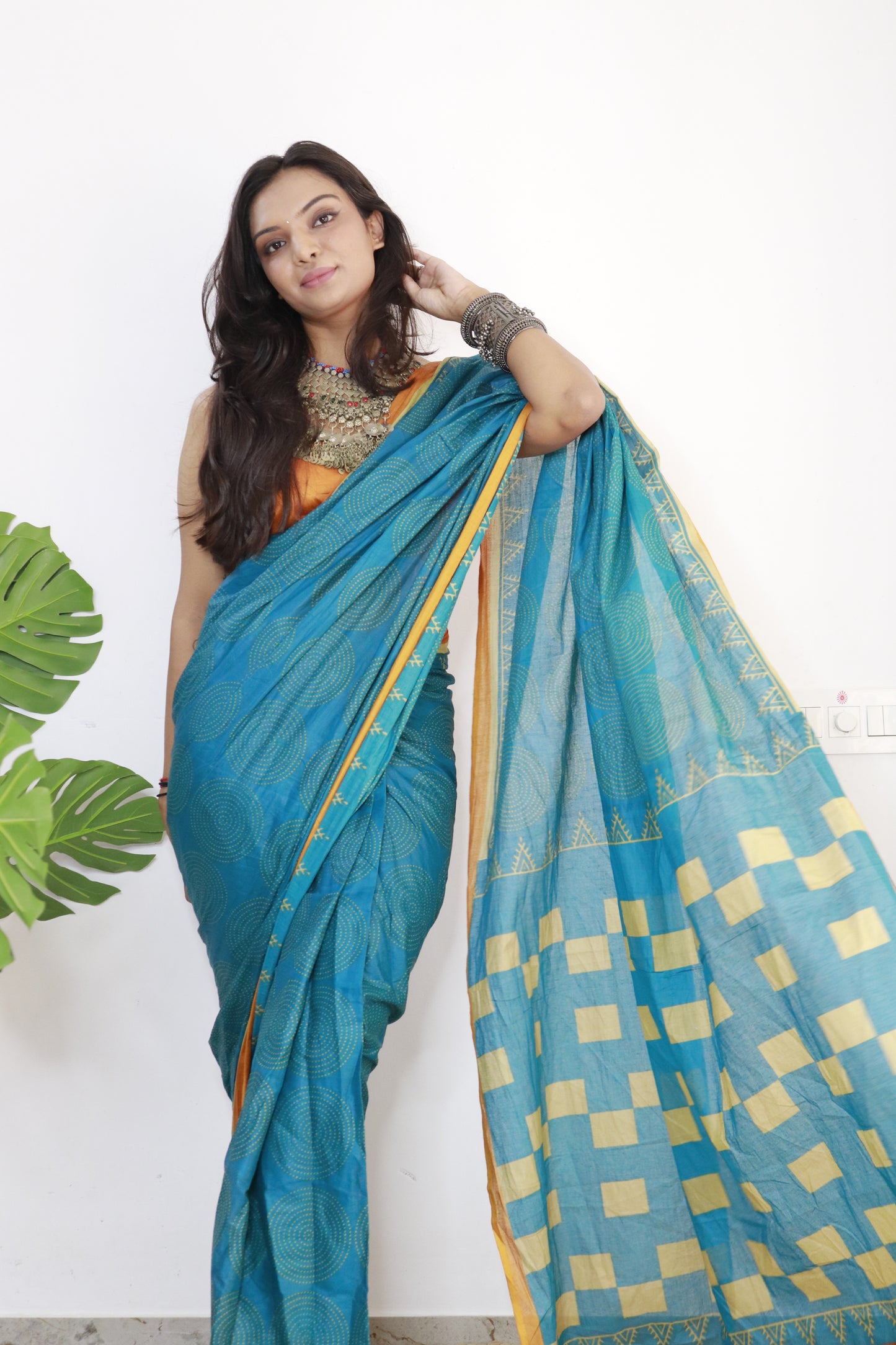 Teal Blue Cotton Printed Saree