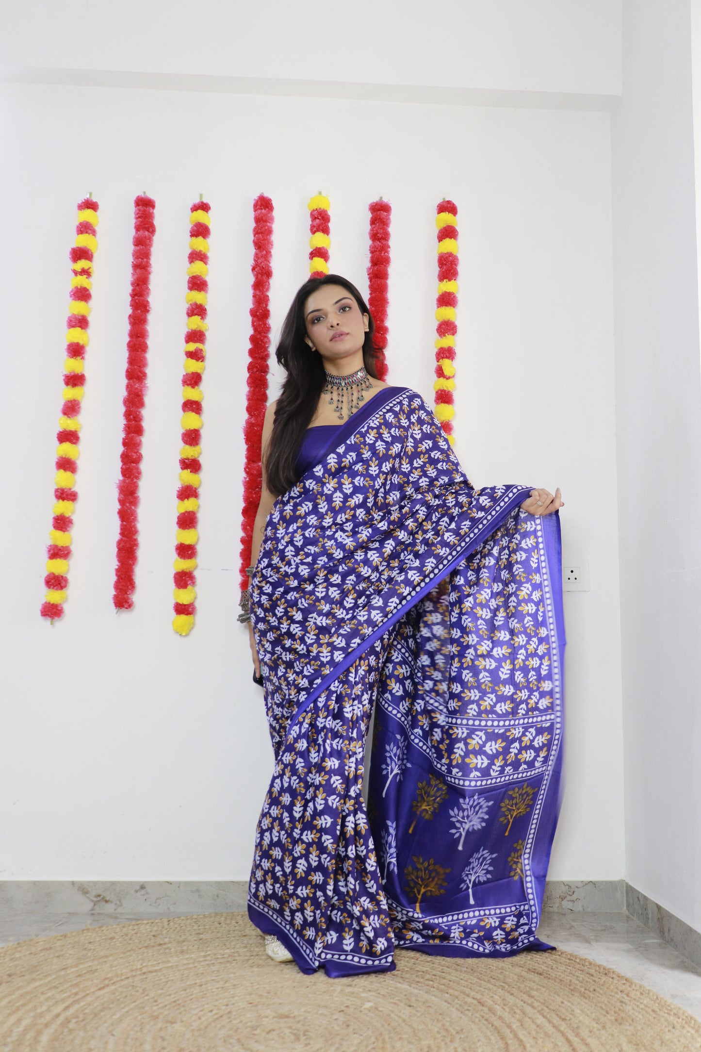 Purple Block Printed Cotton Mul Saree