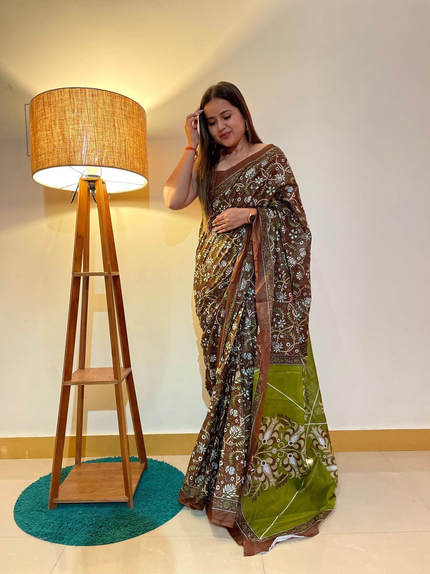 Coffee Cotton Mul Printed Saree