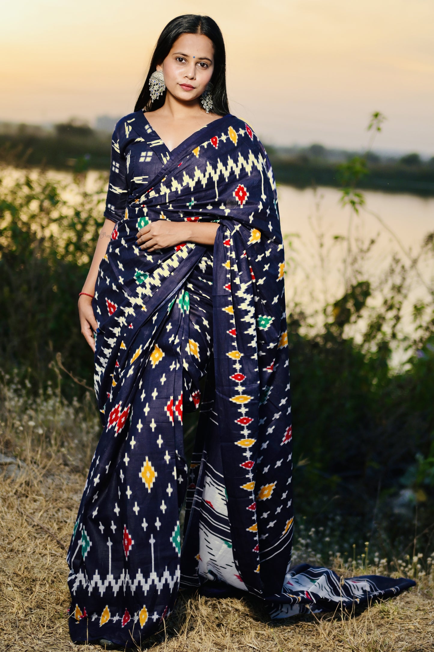 Blue Cotton Printed Saree