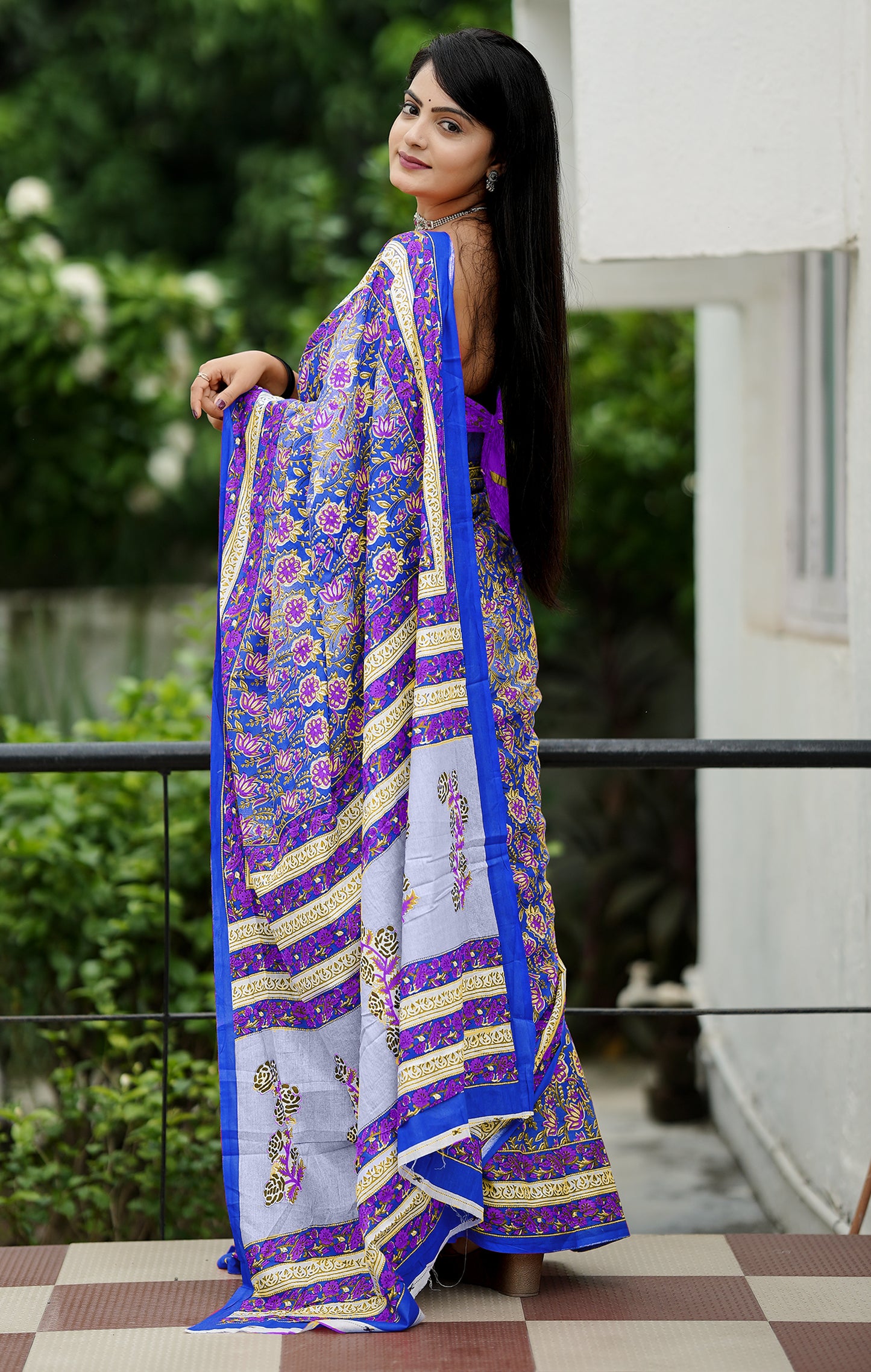 Blue Cotton Mul Printed Saree