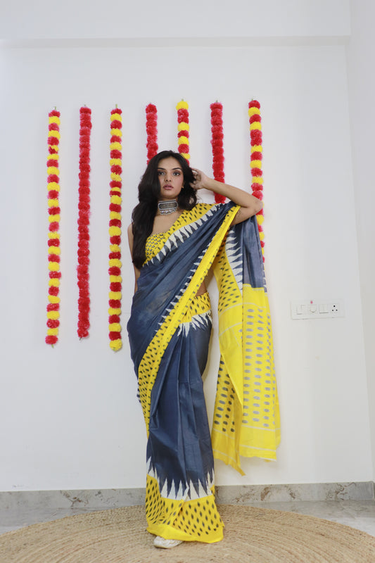 Grey-Yellow Cotton Mul Printed Saree