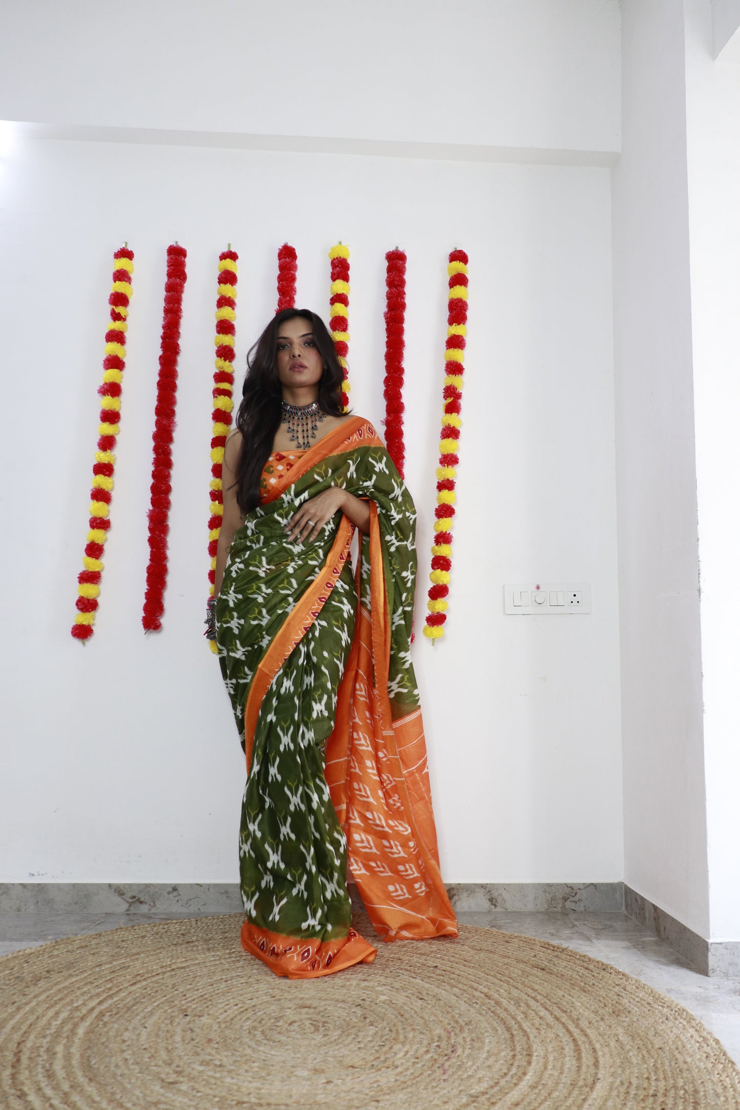 Mehendi Block Printed Cotton Mul Saree