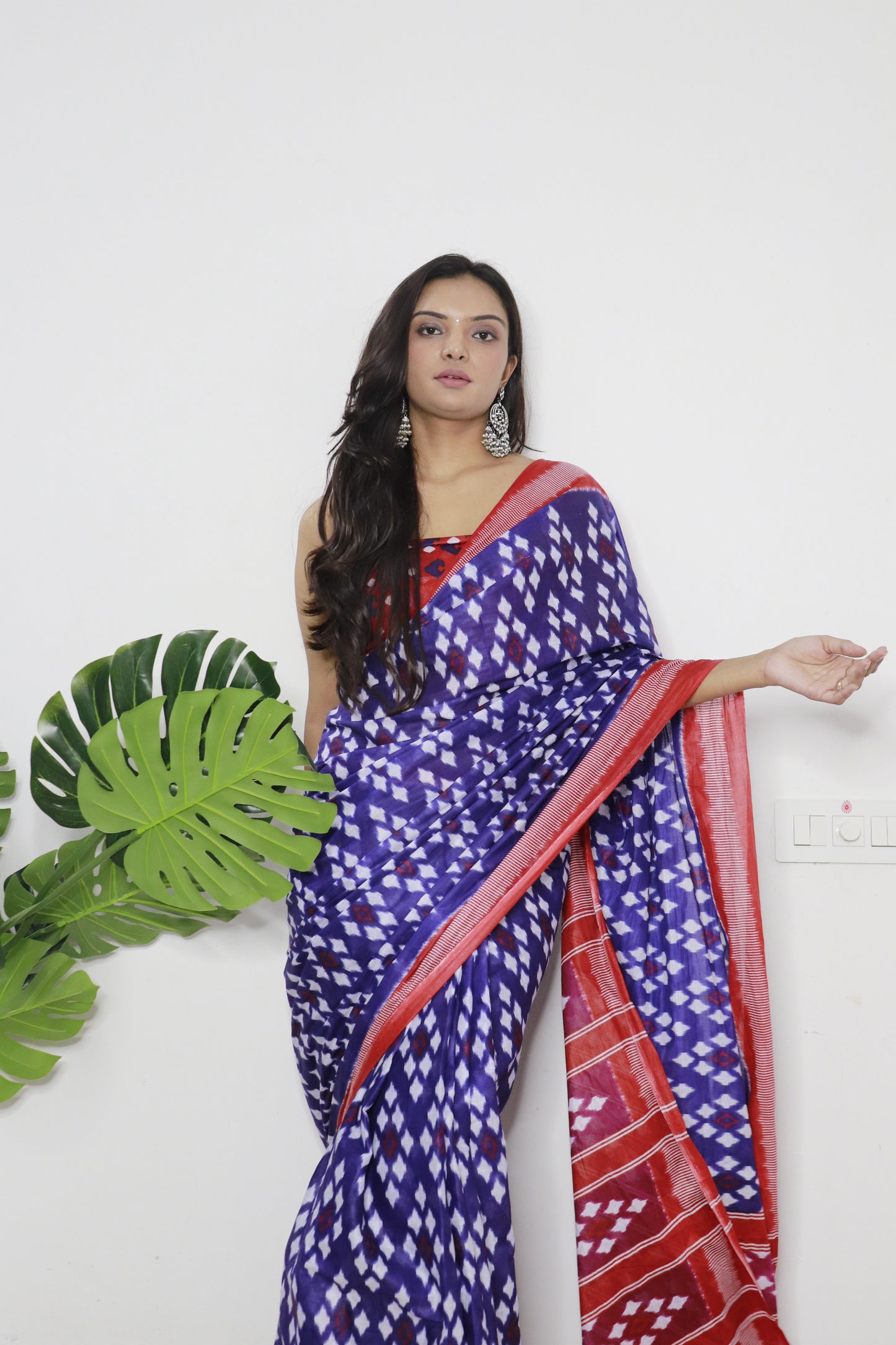 Blue-Red Cotton Printed Saree