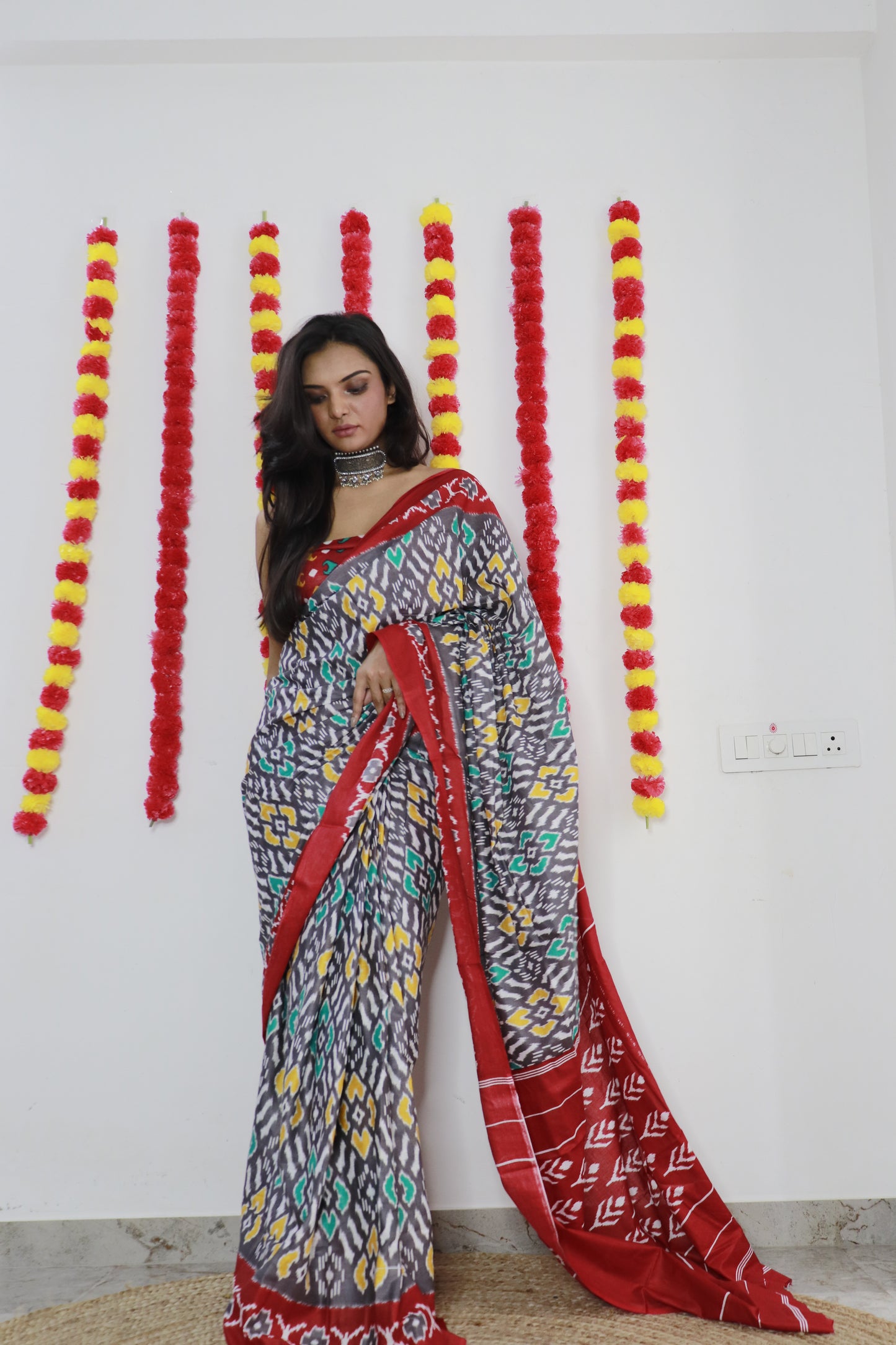 Grey-Marron Cotton Mul Printed Saree