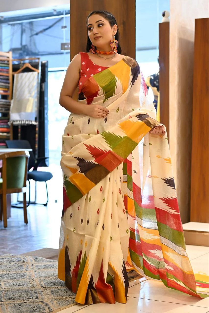 Colorful-White Cotton Mul Printed Saree