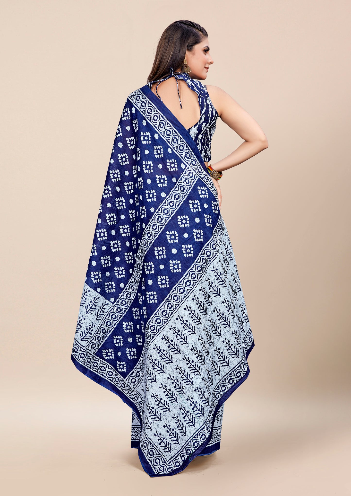 Navy Blue Cotton Mul Printed Saree