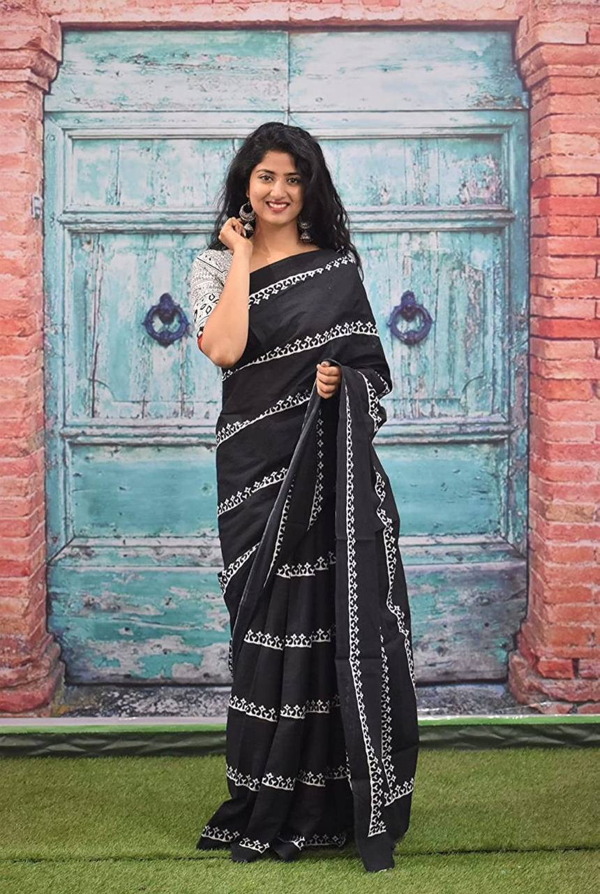 Traditional Black Cotton Mul Printed Saree