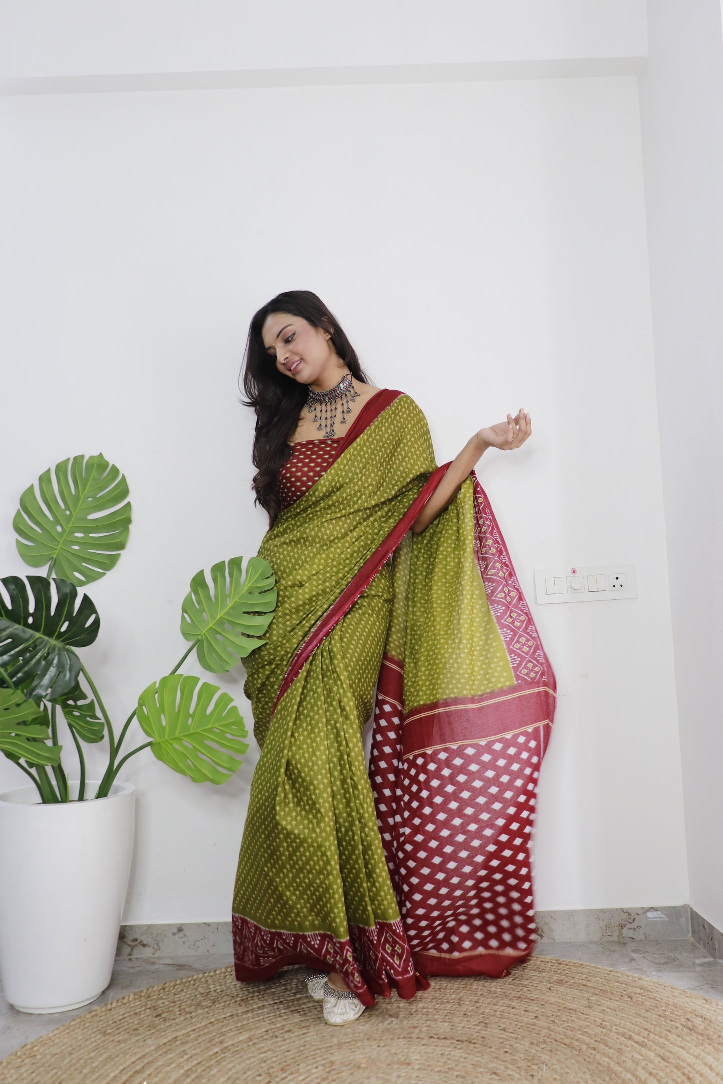 Maroon-Mehendi Cotton Printed Saree